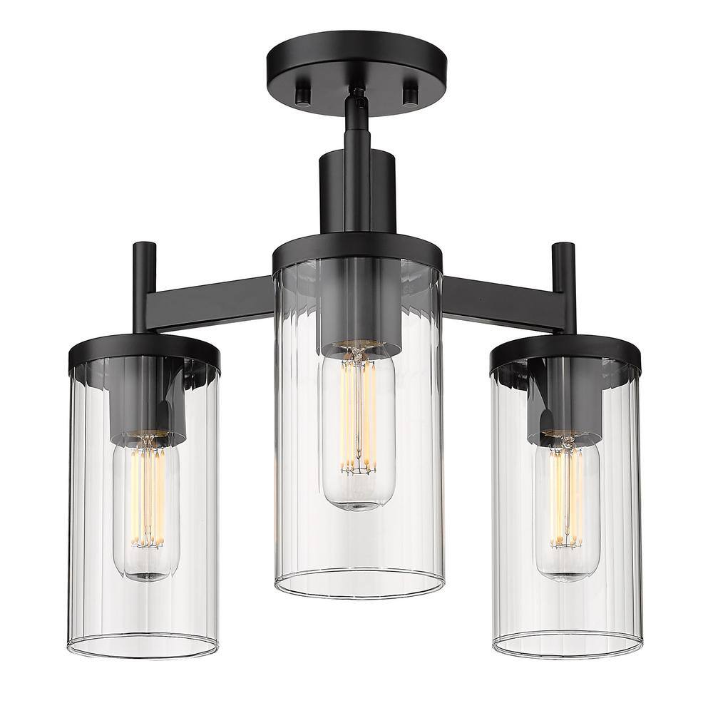 Winslett Matte Black 17" Ribbed Glass 3-Light Semi-Flush