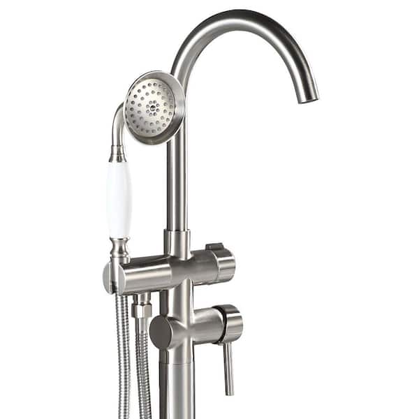 Double Handle Claw Foot Tub Faucet Freestanding Floor Mount Roman Tub Faucet with Hand Shower in Chrome