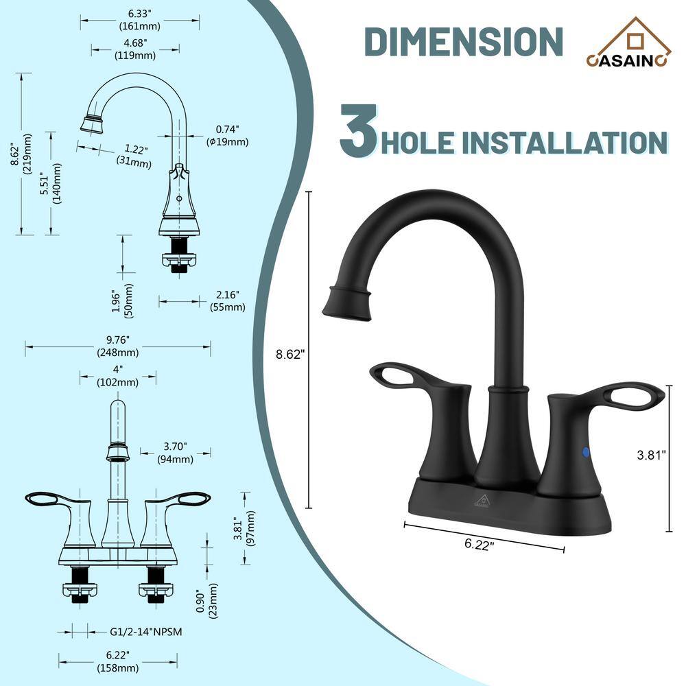 Matte Black Stainless Steel 4-Inch Centerset Bathroom Faucet with Drain Kit