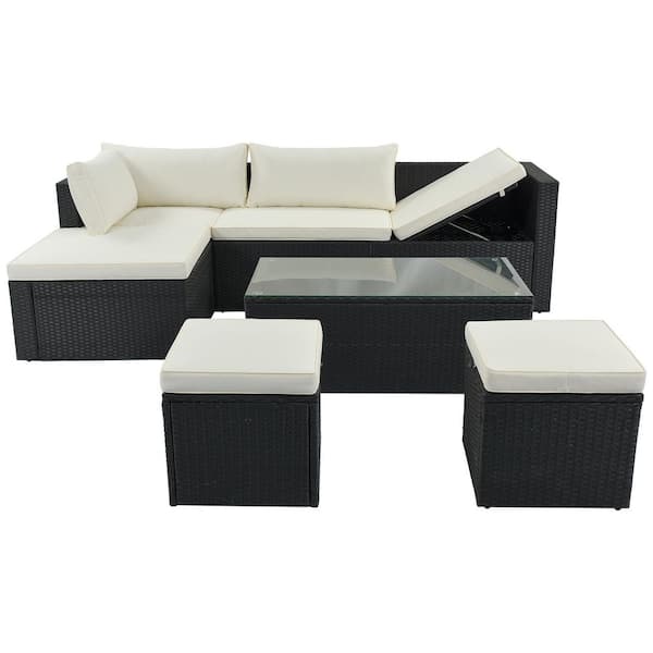 Tunearary Adjustable 5-Piece Wicker PE Rattan Outdoor Lounger Sofa Sectional Set with Beige Cushion