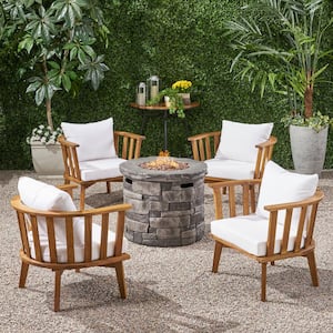 Whitehall Teak Brown 5-Piece Wood Patio Fire Pit Seating Set with White Cushions