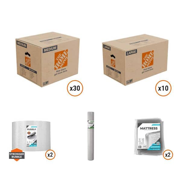 20 in. x 16 in. Box (30-Ct), 26 in. Box (10-Ct), 12 in. Bubble (2-Ct), Packing Paper, Mattress Bag (2-Ct)