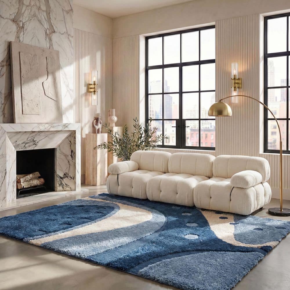 SAFAVIEH Florida Shag 9 ft. x 12 ft. Dark Blue/Ivory Abstract Area