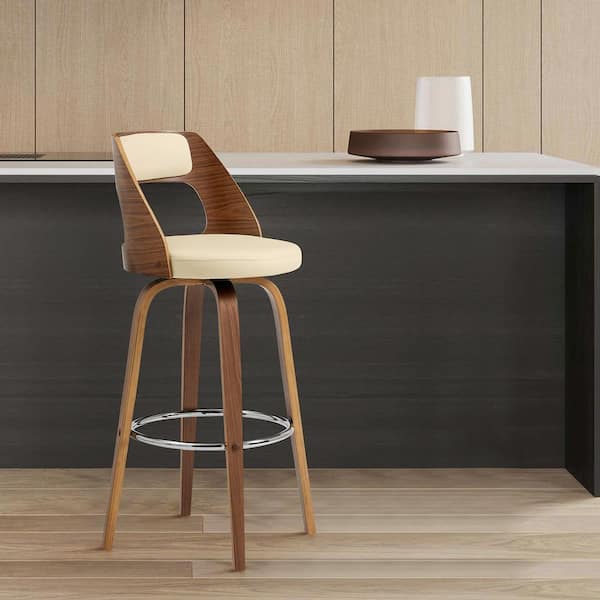 Armen Living Axel 26 in. Counter Height Low Back Swivel Stool in Cream Faux Leather and Walnut Wood