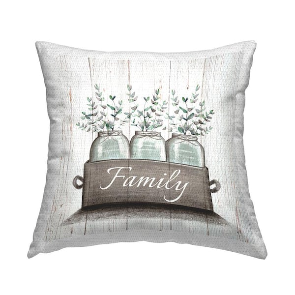 Stupell Industries Green Eucalyptus Foliage Jars with Family Sentiments Off-White Square Outdoor Throw Pillow
