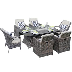Jessica 7-Piece Wicker Patio Furniture Outdoor Dining Set with Beige Cushions with Firepit Table