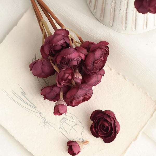 11 in. Red Indoor Artificial Ranunculus Flower, Burgundy, 18
