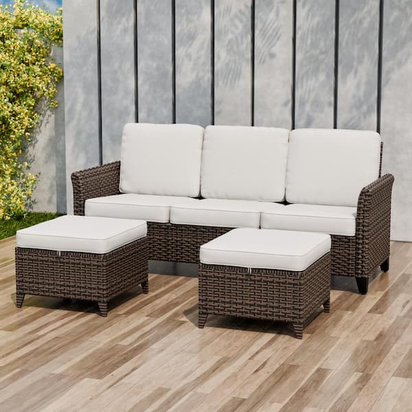 3-Piece Mix Brown Wicker Patio Conversation Set Wide Armrest 3-Seat Sofa Set with Beige Cushions, Ottomans