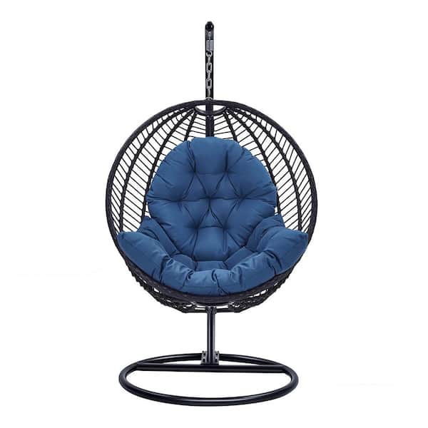 Afoxsos 77.2 in. PE Wicker Outdoor Patio Hammock Egg Chair with Bracket, Blue Cushion and Stand for Balconies, Courtyards etc.