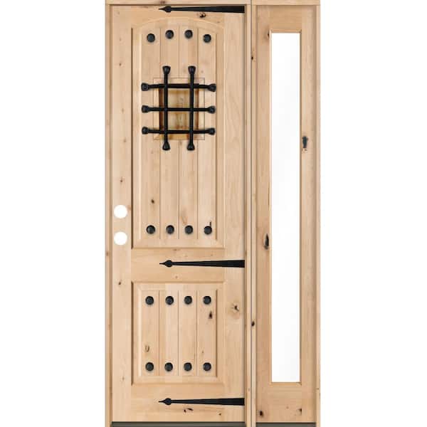 Krosswood Doors 44 in. x 96 in. Mediterranean Unfinished Knotty Alder Arch Right-Hand Right Full Sidelite Clear Glass Prehung Front Door