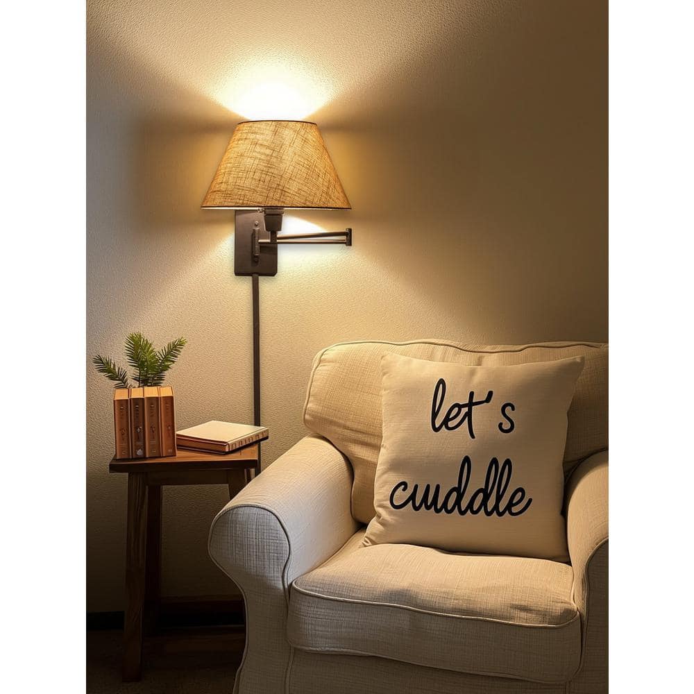 Black 13" Swing Arm Wall Lamp with Latte Mocha Fabric Shade