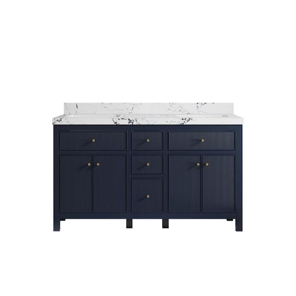 Willow Collections Sonoma 60 in. Double Sink Freestanding Navy Blue Bath Vanity with Viola Night Quartz Top Unassembled