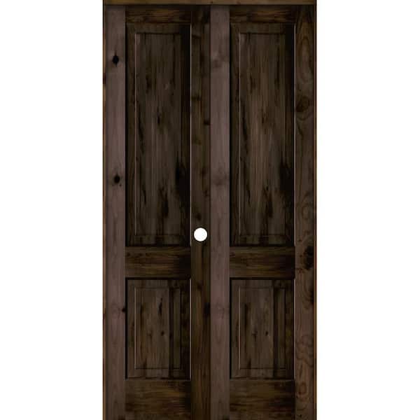 Krosswood Doors 48 in. x 96 in. Rustic Knotty Alder 2-Panel Square Top Left-Handed Black Stain Wood Prehung Interior Double Door