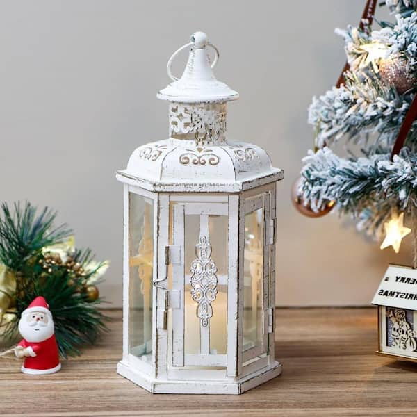 10 in. x 5 in. White Metal Vintage Lantern without Candle