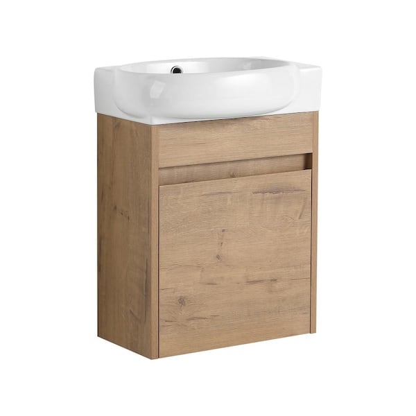 Satico 16.80 in. W Floating Wall-Mounted Bath Vanity in Imitative Oak with White Ceramic Top
