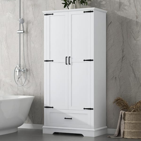 31 in. W x 16 in. D x 69 in. H White Linen Cabinet with Two Doors and One Drawer