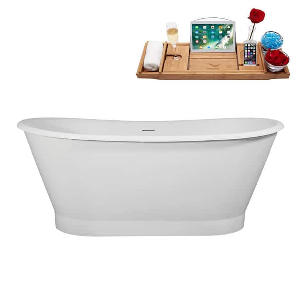 Streamline 67 in. x 32 in. Acrylic Freestanding Soaking Bathtub in Matte White With Polished Gold Drain, Bamboo Tray