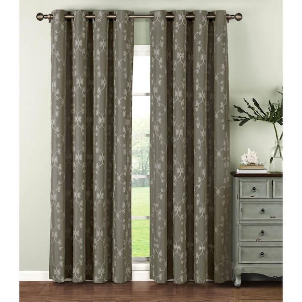 Window Elements Semi-Opaque Geo Gate Embroidered Faux Linen Extra Wide 96 in. L Grommet Curtain Panel Pair, Charcoal (Set of 2)