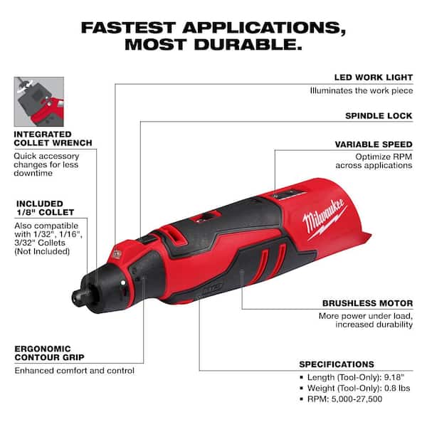 M12 12V Lithium-Ion Cordless Brushless Rotary Tool with (1) 2.0 Ah Battery Pack, Charger, and Inflator