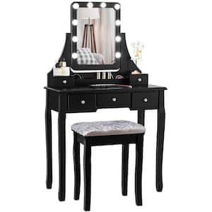Black Vanity Dressing Table Set with 10-Dimmable Bulbs Touch Switch Cushion Stool