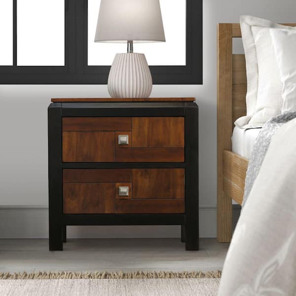 Benjara Transitional Patra 2-Drawer Acacia and Walnut Nightstand