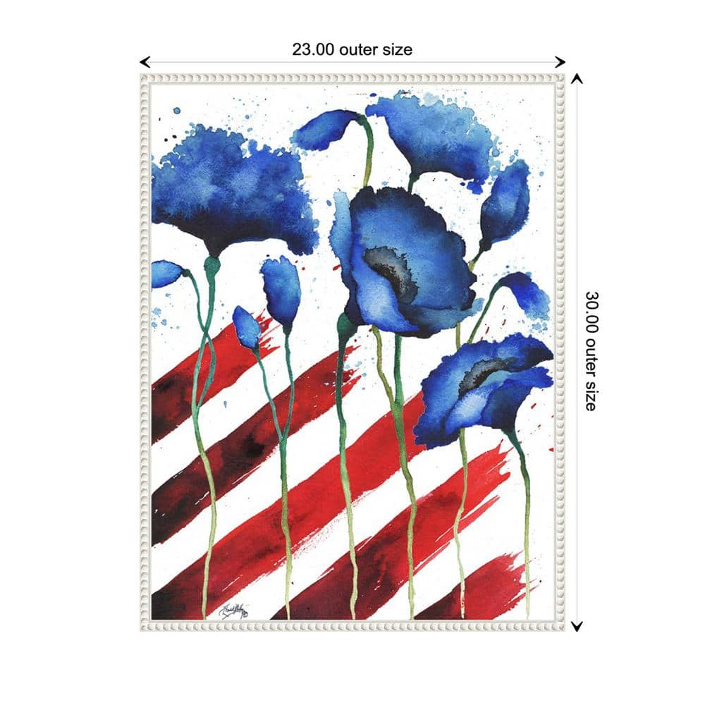 Patriotic Floral II Blue and Red Canvas Wall Art with White Frame