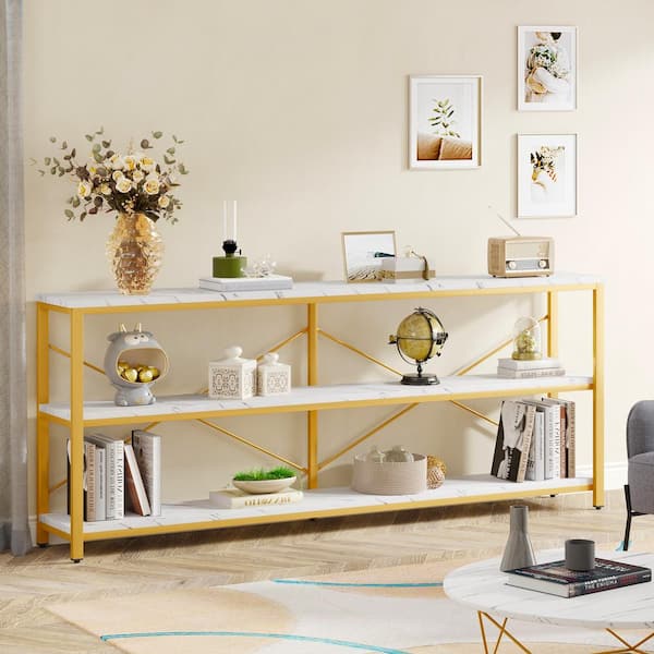 BYBLIGHT Turrella 70.8 in. White Gold Rectangle Wood Console Table Extra Long TV Console with Storage Shelves