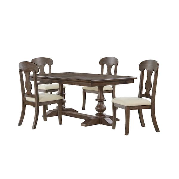 Hector 5-Piece Rectangle Rustic Oak Wood Top And Linen Fabric Table Set Seats 4