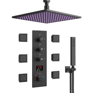 7-Spray Patterns with 2.5 GPM 12 in. Ceiling Mounted Massage Fixed Shower Head with LED in Matte Black