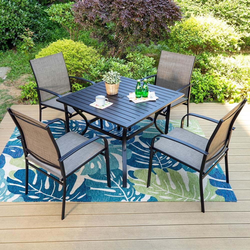 PHI VILLA Black 5-Piece Metal Slat Square Table Patio Outdoor Dining ...