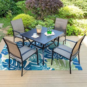 Black 5-Piece Metal Slat Square Table Patio Outdoor Dining Set with Brown Textilene Chairs
