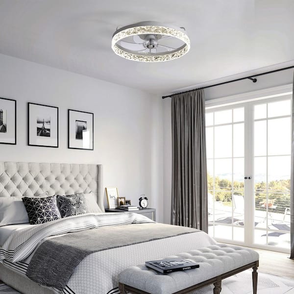 20 in. White Crystal Dimmable LED Ceiling Fan with Lights and Remote Control, Low Profile Flush Mount Fandelier