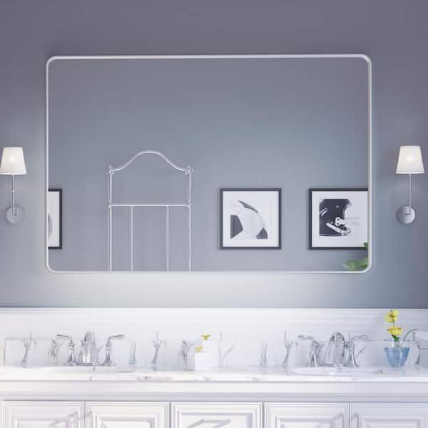 40 in. W x 60 in. H Rectangular Aluminum Framed Modern Silver Rounded Wall Mirror