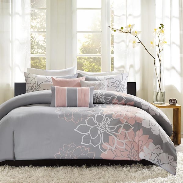 Madison Park Brianna Grey/Peach Cotton King/Cal King Duvet Cover Set