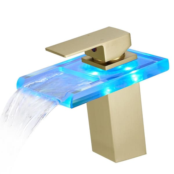 Single Handle Single Hole Bathroom Faucet LED Light 3 Colors Change Waterfall Glass Spout Hot Cold in Brushed Gold