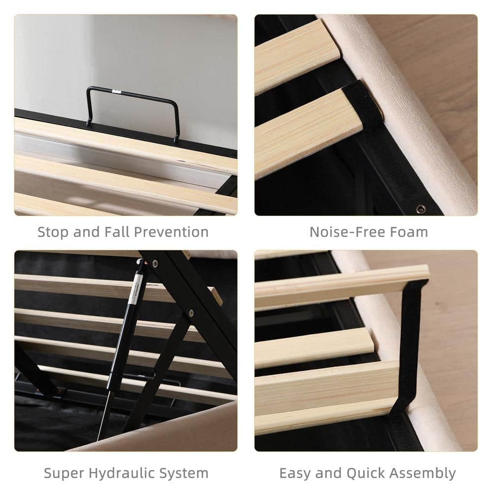 Black Frame Queen Size Upholstered Platform Bed with Lift-up Storage Supported by Metal and Wooden Slats - thumbnail 10
