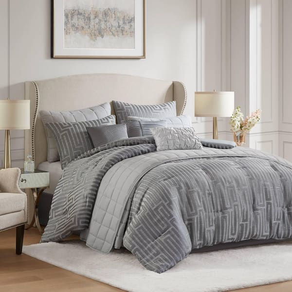 Unbranded 10 PCS King Luxury Jacquard Comforter Set Grey All-Season Embroidered Geometric Pattern