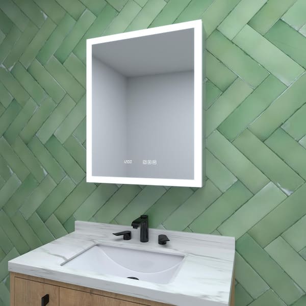 24 in. W x 30 in. H Rectangular Silver Aluminum Recessed/Surface Mount Right Medicine Cabinet with Mirror LED and Clock