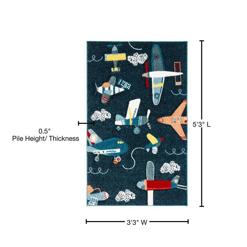 Blue Rectangular Synthetic Kids Rug, 39" x 63"
