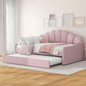 Pink Full Size Upholstery Daybed Frame with Shall Shaped Backrest and Trundle