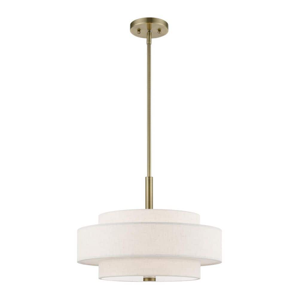 Mini Monroe Antique Brass 4-Light Drum Pendant with Oatmeal Shade