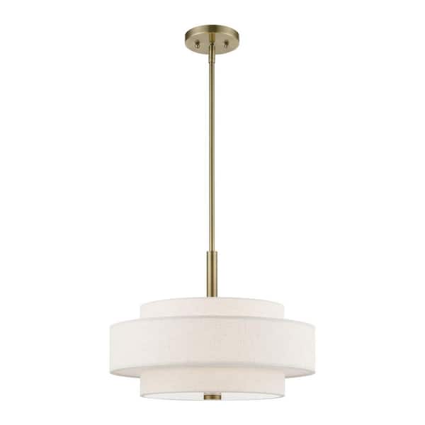 Livex Lighting Monroe 4-Light Antique Brass Pendant Chandelier with Oatmeal Fabric Shade
