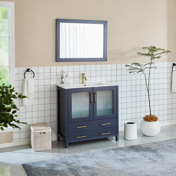 Brescia 36 in. W x 18 in. D x 36 in. H Single Sink Bathroom Vanity in Blue with White Ceramic Top and Mirror