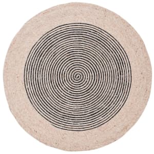Braided Beige/Black Doormat 3 ft. x 3 ft. Round Striped Area Rug