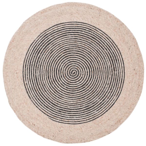 SAFAVIEH Braided Beige/Black Doormat 3 ft. x 3 ft. Round Striped Area Rug