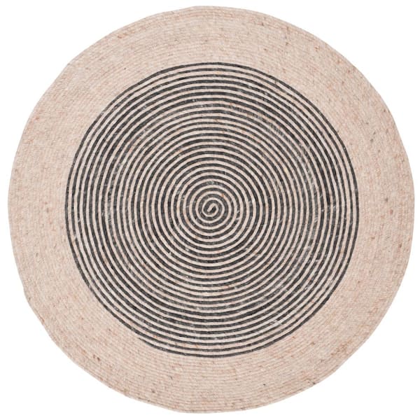 SAFAVIEH Braided Beige/Black 4 ft. x 4 ft. Round Striped Area Rug