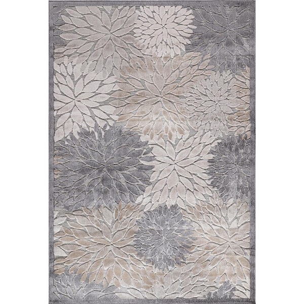 CAMILSON Bloom Beige/Gray 8 ft. x 10 ft. Floral Exotic Tropical Indoor/Outdoor Area Rug