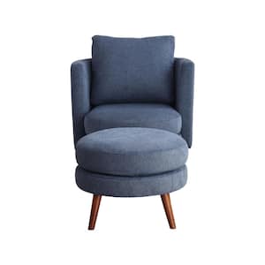 Modern Navy Blue Polyester Fabric Upholstered Accent Barrel Chair with Ottoman and Throw Pillow