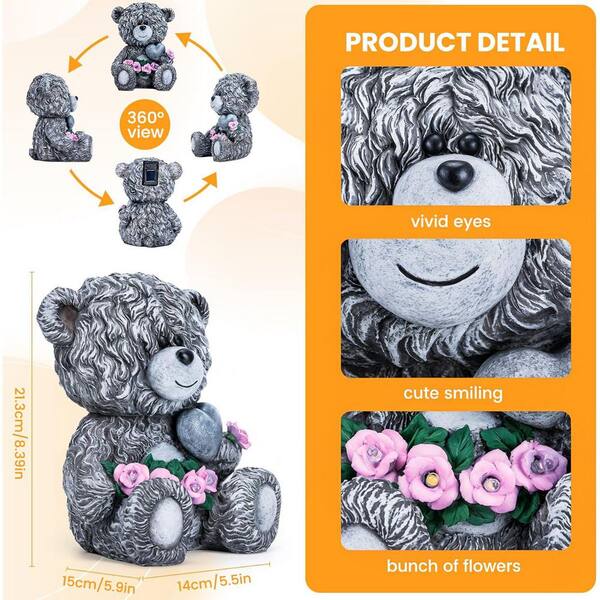 Solar Garden Outdoor Statues Bear with Heart and Pink Flower and 5