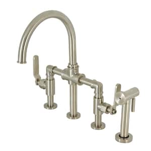 Whitaker Double-Handle Deck Mount Gooseneck Bridge Kitchen Faucet with Brass Sprayer in Brushed Nickel